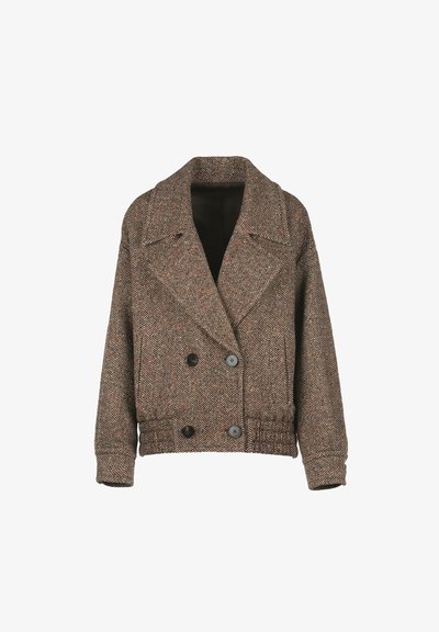 Hnědá sako s vzorem rybí kosti vyrobené z texturované vlněné směsi, s širokým límcem, dvouřadým zapínáním a elastickým pasem.