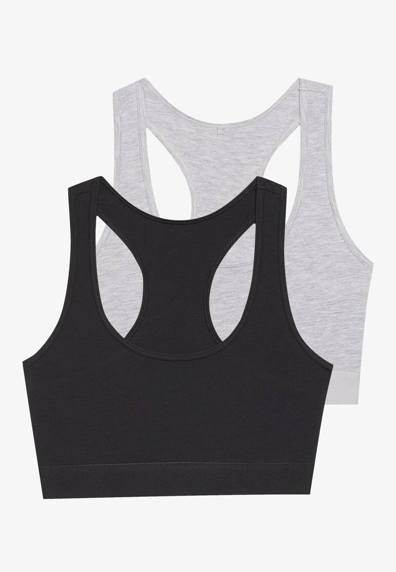 Deux brassières de sport en tissu : une noire et une gris clair. Chacune possède un col en scoop et un dos nageur avec une coupe ajustée.