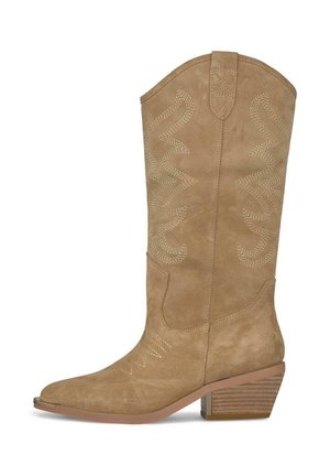 Tan suede mid-calf cowboy boot with decorative stitching, pull tab, pointed toe, stacked heel, and rubber sole.