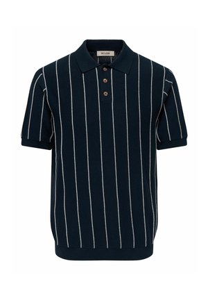 Polo shirt blu navy a maniche corte con strisce verticali bianche, tre bottoni marroni e un colletto classico.