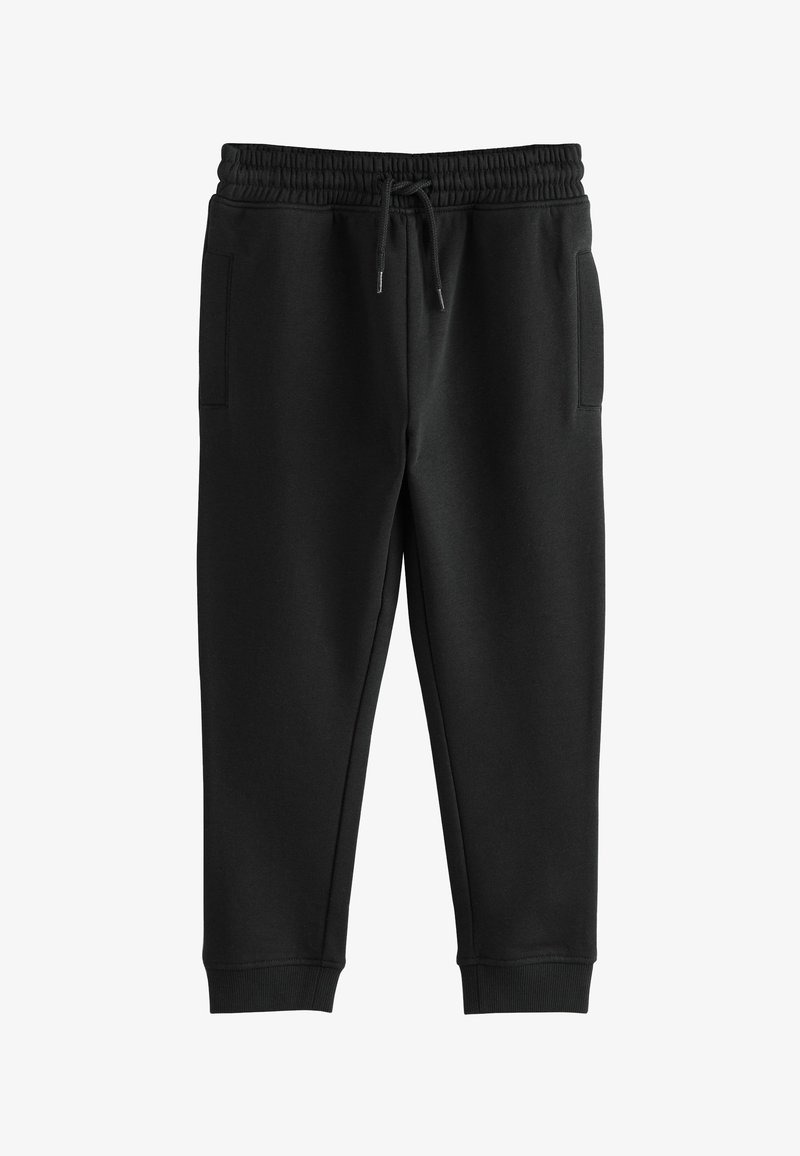 Pantalon de jogging en coton noir avec taille élastique, cordon, poches latérales et bords côtelés aux chevilles.