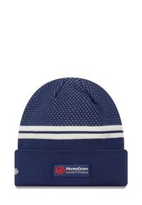Granatowa dzianinowa czapka beanie z białymi paskami, teksturowanym wzorem na górze oraz metką z logo zespołu F1 MoneyGram Haas.