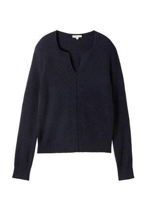 Navy blue textured knit cardigan with V-neck, long sleeves, and a straight hem. Features subtle stitching details on the front.