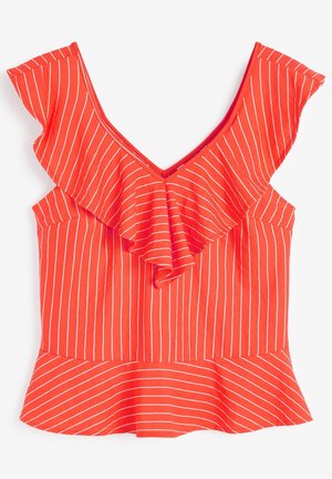 Červeno-bílý pruhovaný top s V-výstřihem, volánkovými rukávy a peplum spodním lemováním. Vyroben z lehkého materiálu s hladkým povrchem.