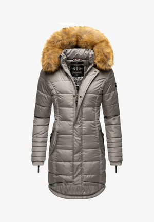 Puffy gray parka with a detachable faux fur hood, zipper pockets, ribbed sleeve cuffs, and a slightly curved hem.
