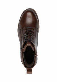 Bottine en cuir marron avec bout rond, lacets et zip sur le côté. Dispose d'un col rembourré et d'un intérieur doux pour le confort.