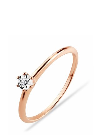 Rosengoldring mit einem einzigen runden Diamanten, der in sechs Krappen gefasst ist. Der Ringband ist glatt und poliert mit einem schlanken Design.