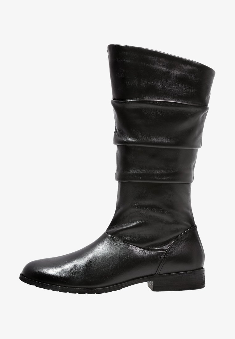 Knee-high black leather boots with a slouchy design, smooth texture, rounded toe, and a low block heel. Features a seamless upper.
