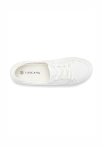 White lace-up sneaker with mesh and fabric upper, round toe, and soft insole, featuring logo "Lascana" inside.