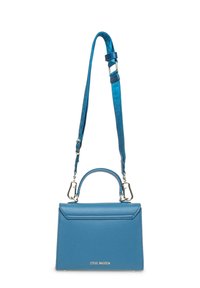 Borsa in faux leather blu con design strutturato, manico superiore e tracolla regolabile. Presenta finiture metalliche e dettaglio logo in rilievo.