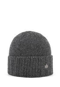 Grijze gebreide muts met een geribde manchette, voorzien van een klein geborduurd bladdetail. Zachte textuur en ronde vorm, geschikt voor winterkleding.
