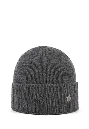 Grijze gebreide muts met een geribde manchette, voorzien van een klein geborduurd bladdetail. Zachte textuur en ronde vorm, geschikt voor winterkleding.