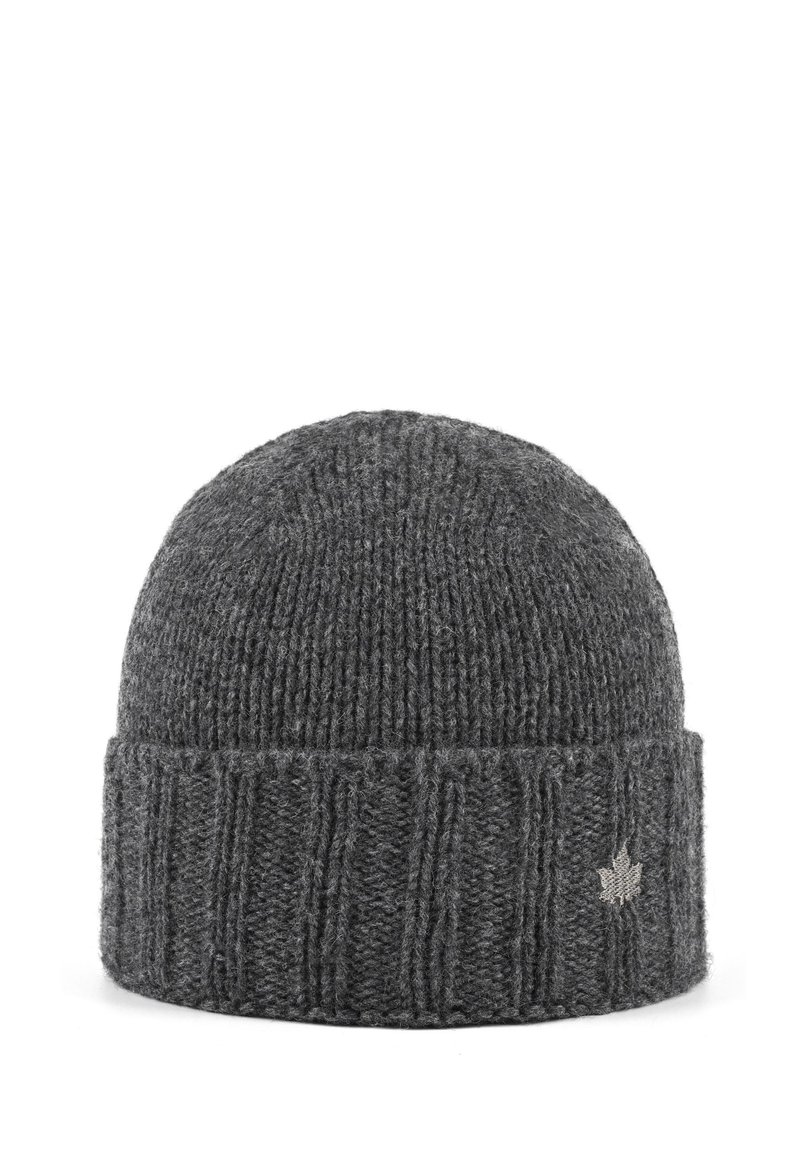 Grijze gebreide muts met een geribde manchette, voorzien van een klein geborduurd bladdetail. Zachte textuur en ronde vorm, geschikt voor winterkleding.