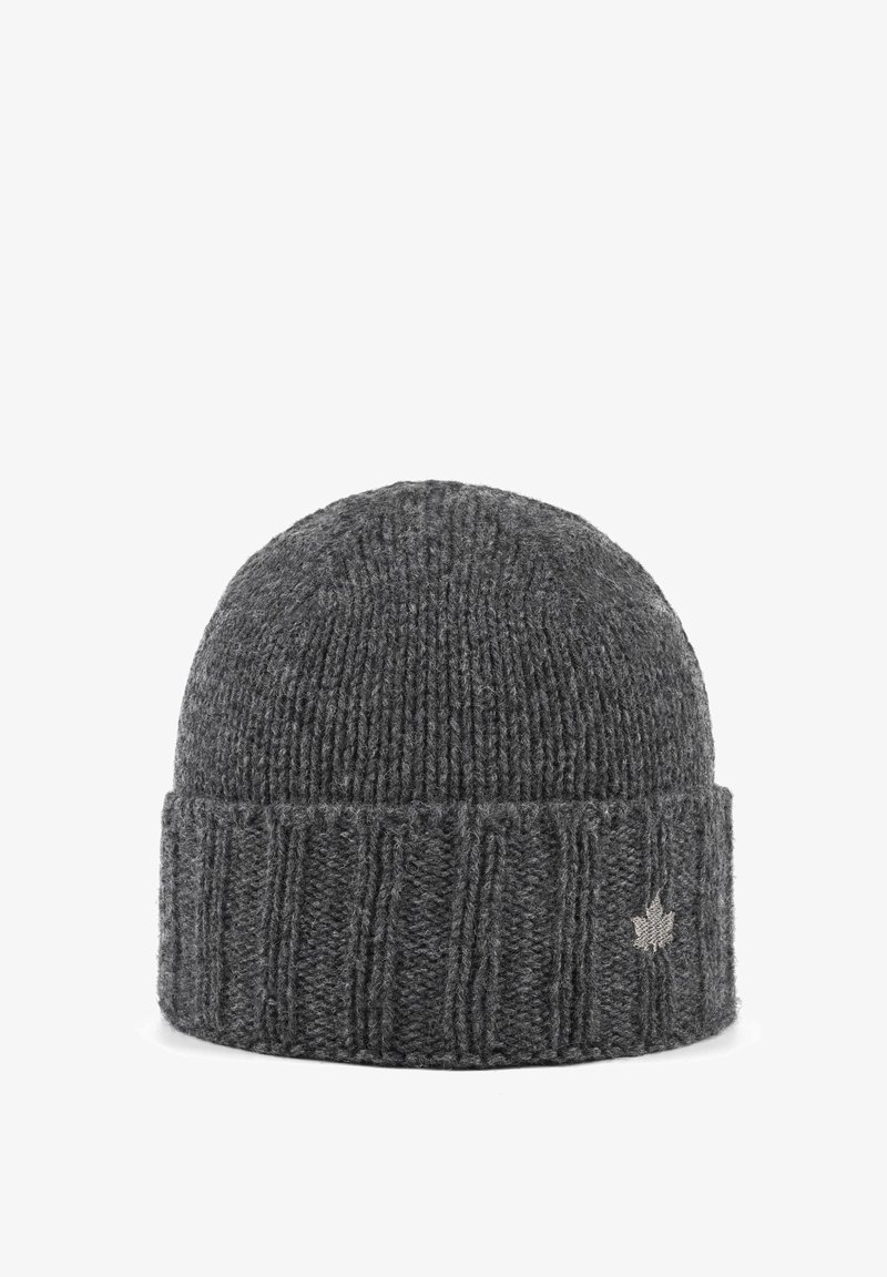 Cappello a maglia grigio con polsino a coste, caratterizzato da un piccolo dettaglio ricamato a forma di foglia. Texture morbida e forma arrotondata adatta per l'inverno.