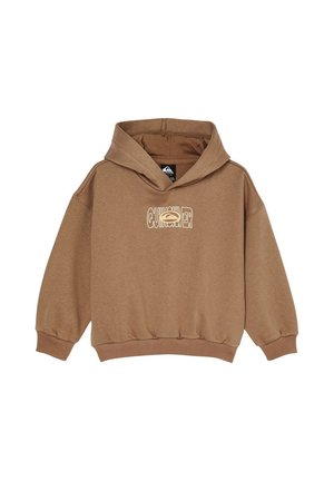 Brązowa bluza z kapturem z prążkowanymi mankietami i u dołu, z białym, centralnie umieszczonym logo Quiksilver na piersi.