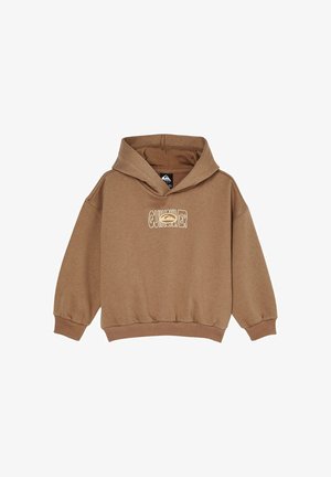 Brun hættetrøje med ribkanter ved ærmer og bund, med et centreret Quiksilver-logo i hvid på brystet.