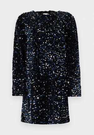 Sort kjole dækket af blå og sølv glitter. Har lange ærmer og rund halsudskæring, med et glat stof og poleret tekstur.