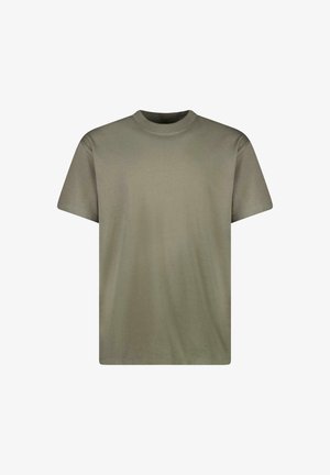 Olijfgroene katoenen t-shirt met een ronde halslijn, korte mouwen en een rechte zoom. Soepele textuur zonder zichtbare patronen of ontwerpen.