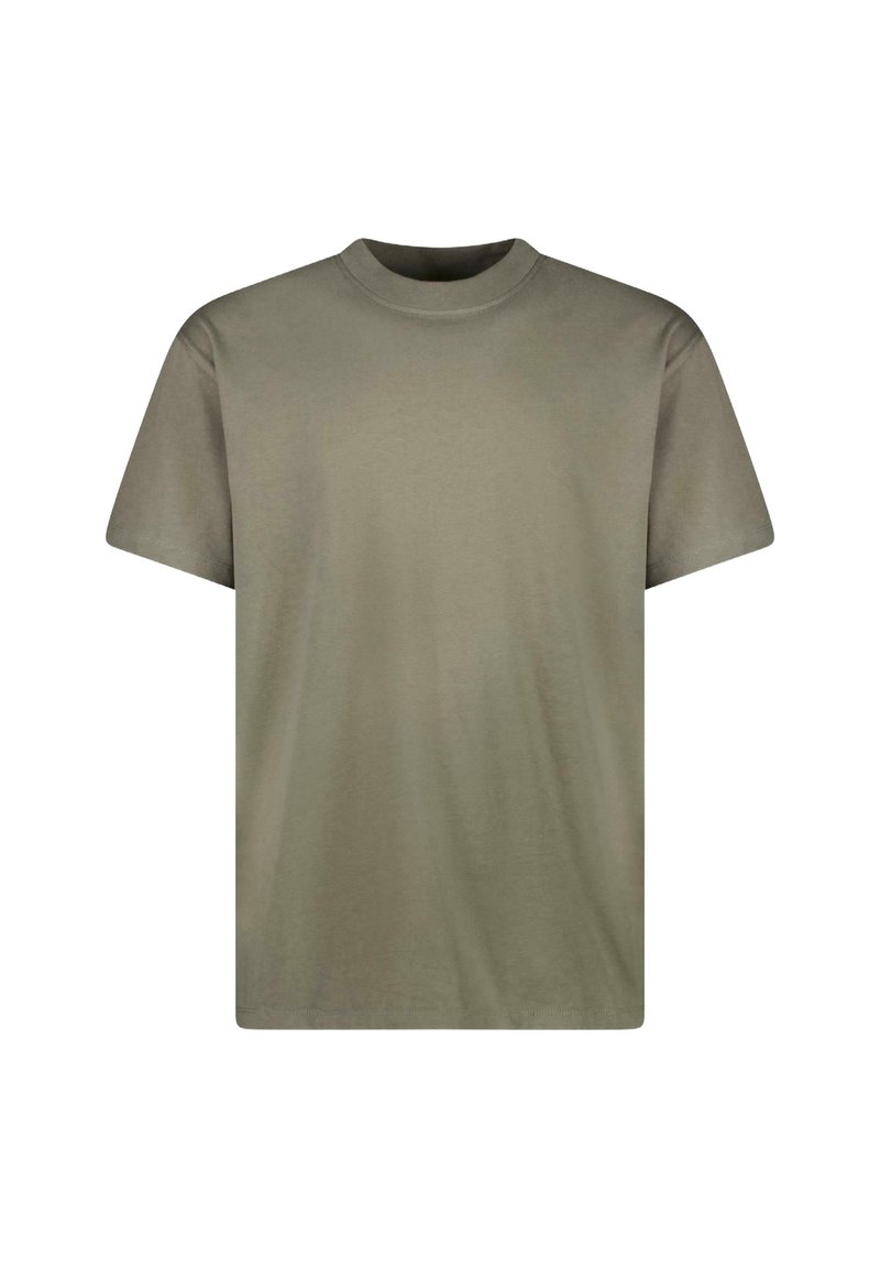 Olijfgroene katoenen t-shirt met een ronde halslijn, korte mouwen en een rechte zoom. Soepele textuur zonder zichtbare patronen of ontwerpen.