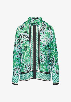 Patroon lange mouwen shirt in groen en blauw met bloemmotieven, contrasterende zwarte strepen en een kraag. Zijdezachte textuur met knoopsluiting.