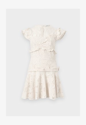 White lace short-sleeve dress with floral patterns, ruffled details on sleeves and waist, and a flared skirt.