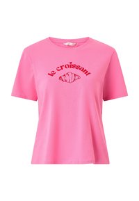 Pinkes T-Shirt mit kurzen Ärmeln, rotem Schriftzug "le croissant" und einer roten Croissant-Grafik in der Mitte der Brust.