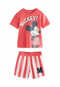 Coral short-sleeve shirt with Mickey Mouse graphic and "MICKEY!" text. Coordinating striped shorts with a black "M" accent on waistband.
