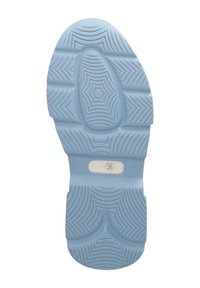 Helle blaue Gummisohle mit einem strukturierten Muster aus Zickzack- und Sternformen, gekennzeichnet mit der Größe 36 auf einem weißen rechteckigen Etikett.