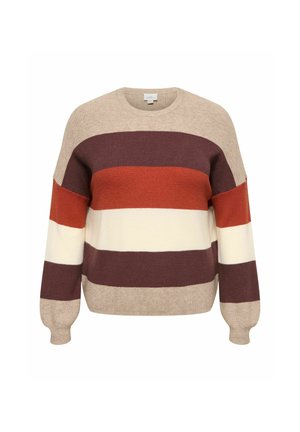 Crew neck striktrøje med brede vandrette striber i beige, mørkebrun, rustorange og off-white farver.