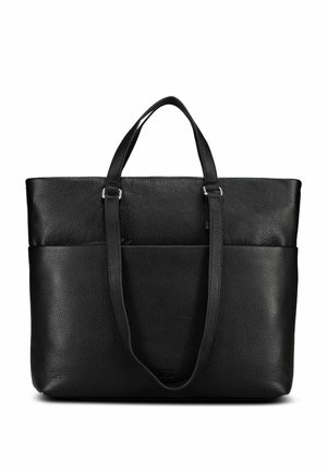 Bolso tote de cuero negro texturizado con doble asa corta y correas de hombro más largas, forma rectangular y bolsillo frontal abierto.