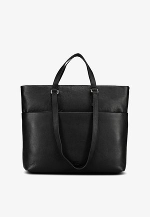 Schwarze strukturierte Ledertasche mit zwei kurzen Henkeln und längeren Schulterriemen, rechteckige Form und vordere Einschubtasche.
