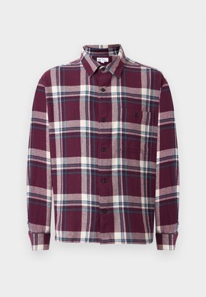 Plaid flannel shirt in burgundy, white, and blue. Features a pointed collar, button front, and one chest pocket. Soft texture. Long sleeves.