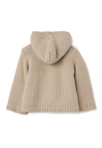 Maglioncino beige in maglia per neonati con cappuccio, caratterizzato da motivi testurizzati e bordi a costine, mostrato da dietro su uno sfondo bianco.