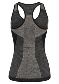 Schwarzes und graues Sport-Top mit figurbetontem Schnitt, strukturiertem Strickstoff und Racerback-Stil. Mit kontrastierenden Farbfeldern.