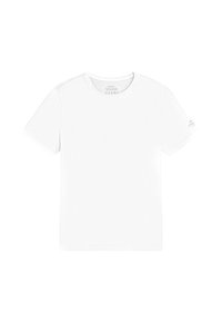 Camiseta blanca de algodón con mangas cortas, cuello redondo y una textura suave. Sin patrones ni acentos visibles. Diseño simple y clásico.