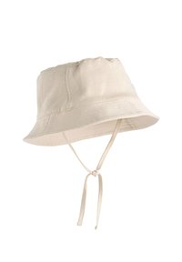 Beiger Baumwoll-Bucket-Hut mit breiter Krempe, verstellbarem Kinnriemen und abgesteppten Details. Einfaches Design, geeignet für den Freizeitlook.