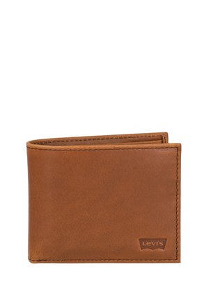 Billetera bifold de cuero marrón con costuras visibles y logo de Levi's grabado en la esquina inferior derecha.