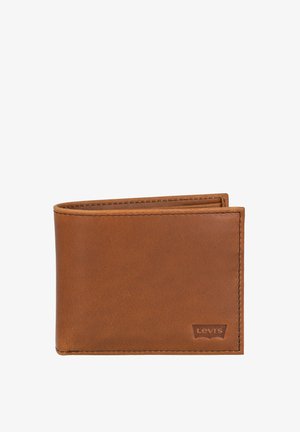 Billetera bifold de cuero marrón con costuras visibles y logo de Levi's grabado en la esquina inferior derecha.
