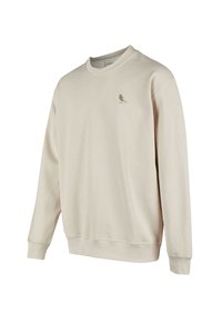 Helles beiges Sweatshirt aus Baumwolle mit Rundhalsausschnitt und langen Ärmeln. Enthält eine kleine Vogelgrafik auf der linken Brust.