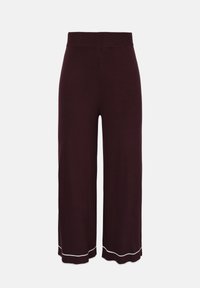 Pantalon large taille haute marron foncé avec taille élastique et ourlets festonnés ornés d'un détail en bordure blanche.