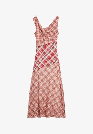 Mouwloze jurk met een meerkleurig rood geruit patroon, een gedrapeerde halslijn en een vloeiende silhouetvorm. De stof oogt licht en soepel.