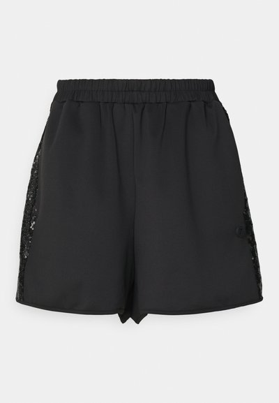 Black shorts with an elastic waistband, featuring sequined side panels and a smooth texture. Short length with a slight front opening.