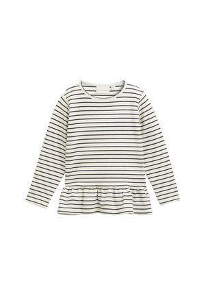 Długi rękaw w paski w kolorze kremowym z granatowymi poziomymi liniami, z rozkloszowanym falbanowym dołem i okrągłym dekoltem. Materiał bawełniany.