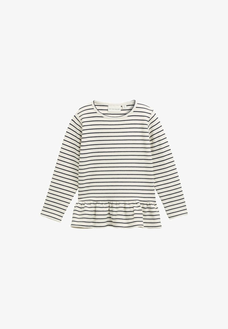 Haut à manches longues rayé couleur crème avec des lignes horizontales bleu marine, doté d'un ourlet volanté évasé et d'un col rond. Matière en coton.