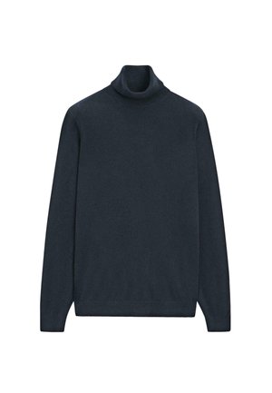 Granatowy sweter z golfem wykonany z miękkiej, gładkiej tkaniny. Posiada długie rękawy, ściągacze przy mankietach i u dołu oraz dopasowany kołnierz. Brak wzorów i akcentów.