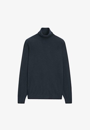 Navy turtleneck sweater made from soft, smooth fabric. Features long sleeves, ribbed cuffs and hem, and a fitted collar. No patterns or accents.