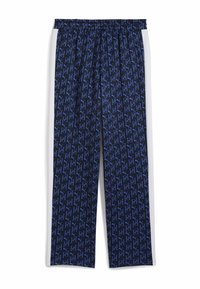 Niebieskie spodnie we wzory z granatową bazą i kontrastującymi jasnoniebieskimi logo na całej powierzchni, o luźnym kroju i elastycznym pasie.