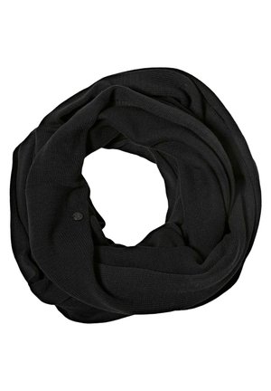 Schwarzer gestrickter Infinity-Schal, in kreisförmiger Anordnung, zeigt weiche Textur und feine Stofffalten.