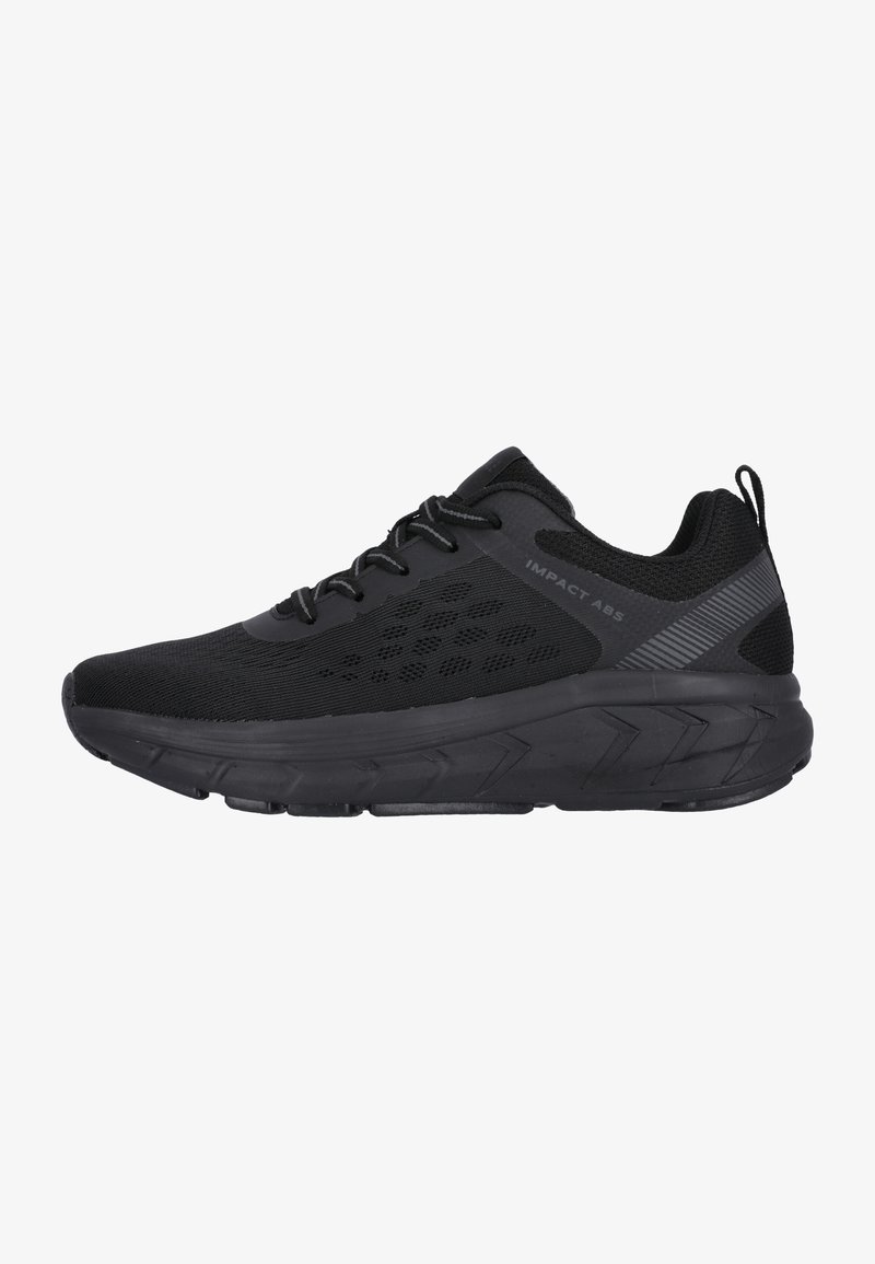 Chaussures de sport noires avec un dessus en mesh respirant, un col rembourré et une semelle en caoutchouc texturé présentant un motif en zigzag pour une meilleure adhérence.