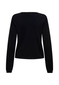 Pull noir à manches longues en maille avec un col rond, vu de dos, avec une taille légèrement ajustée et un détail simple à l’ourlet.